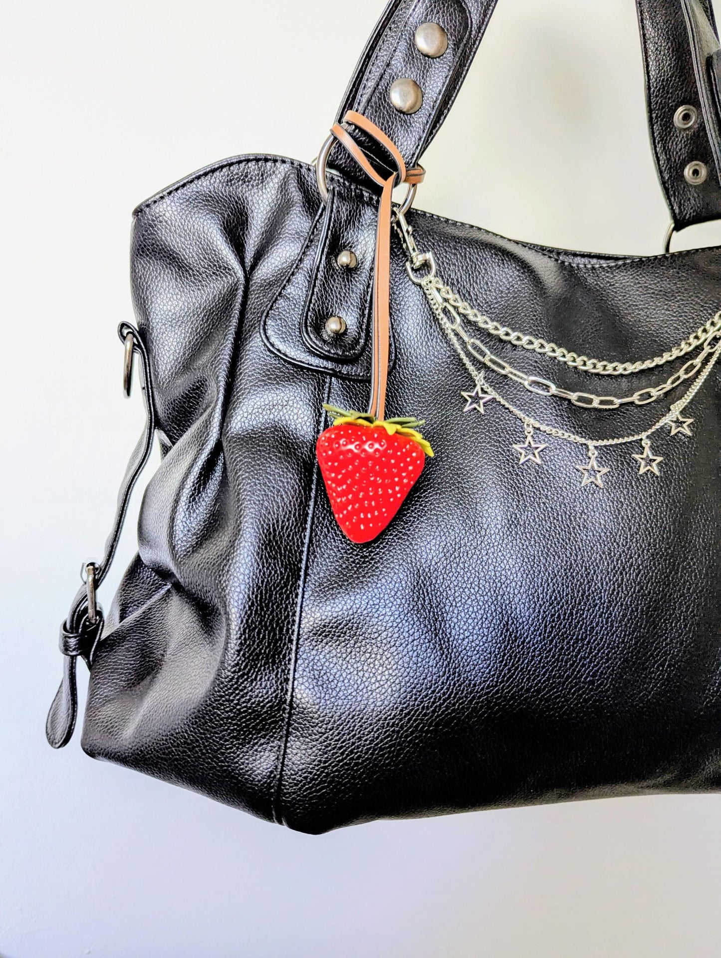Glossy Red Strawberry Bag Charm Leather-Style Strap Y2K Keychain Accessory