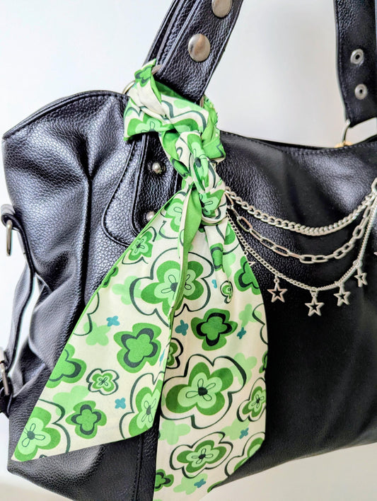 Green Retro Floral Scarf Y2K Coquette Hair Ribbon and Handbag Accessory