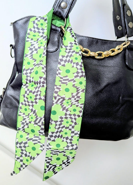 Green Floral Checkered Bag and Hair Scarf Retro Daisy Head Scarf and Bag Accessory