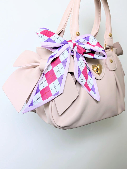 Pink & Purple Argyle Hair and Hair Scarf Y2K Coquette Scarf and Soft Girl Bag Accessory
