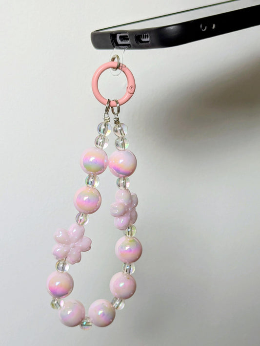 Pink Sakura Iridescent Beaded Charm Phone Strap Pastel Accessory and Wrist Strap