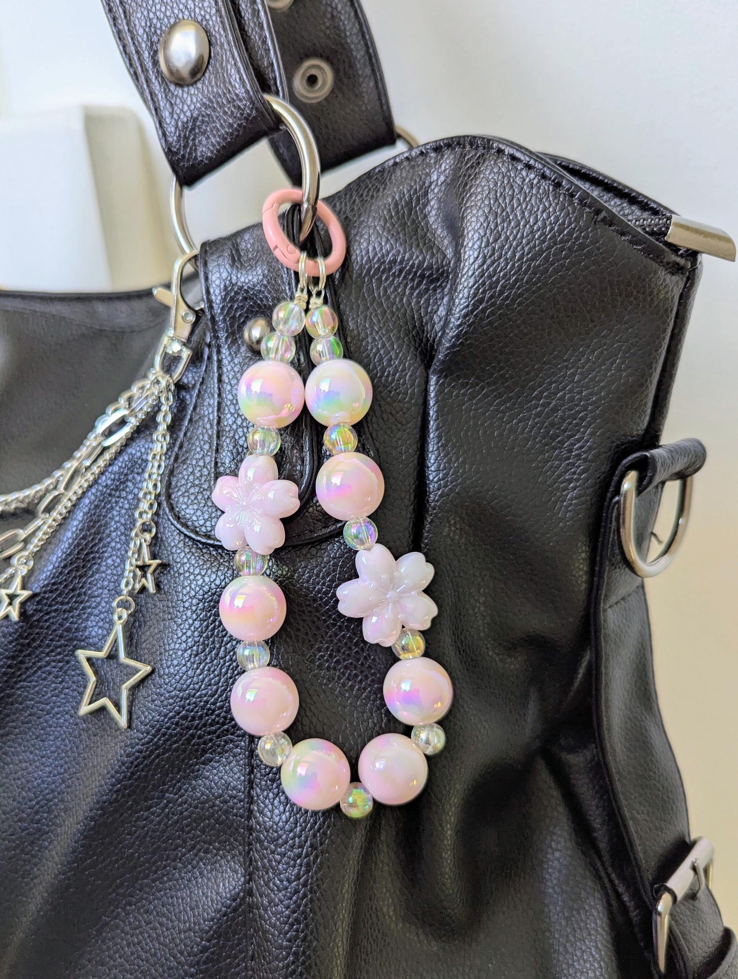Pink Sakura Iridescent Beaded Charm Phone Strap Pastel Accessory and Wrist Strap
