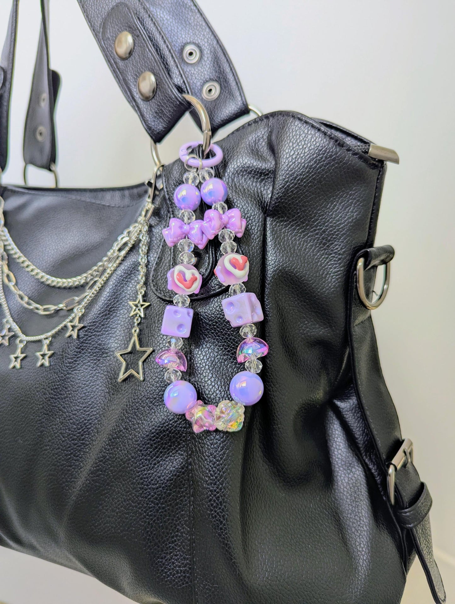 Purple Kawaii Beaded Phone Strap Charm Y2K Phone Keychain with Dice & Bow Accessory