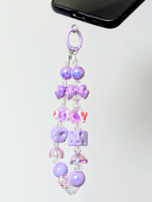 Purple Kawaii Beaded Phone Strap Charm Y2K Phone Keychain with Dice & Bow Accessory