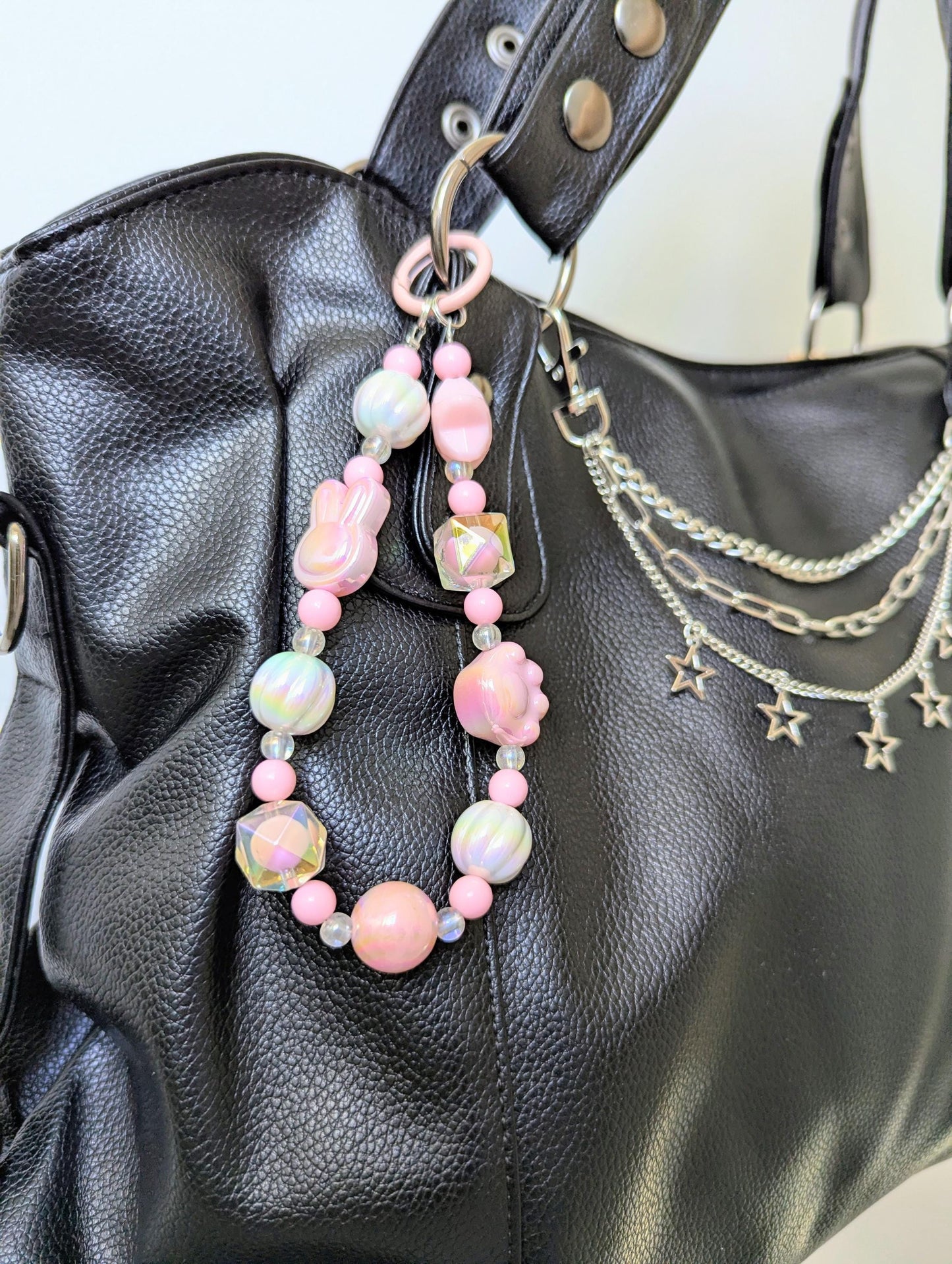 Pastel Pink Kawaii Beaded Phone Strap Charm with Bunny Paw Star Beads