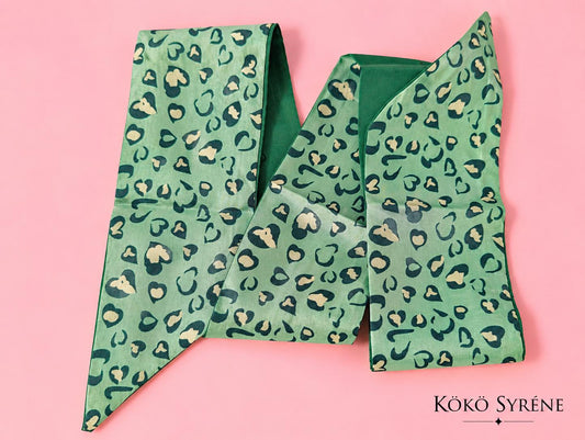 Green Leopard Print Satin Scarf Y2K Hair Tie and Bag Accessory