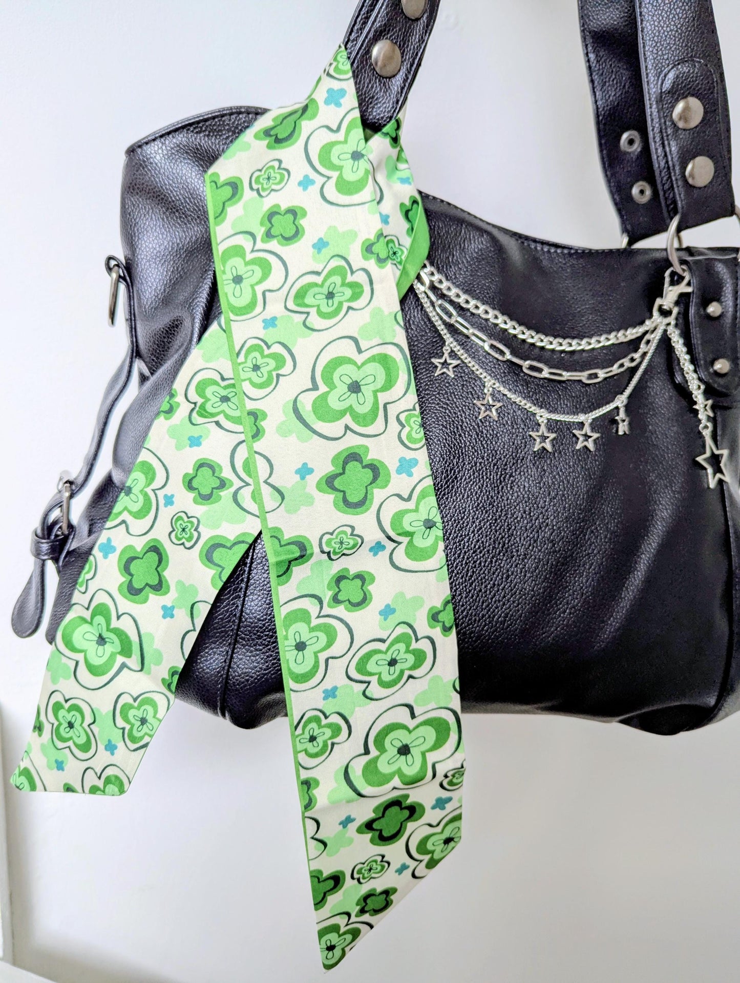 Green Retro Floral Scarf Y2K Coquette Hair Ribbon and Handbag Accessory
