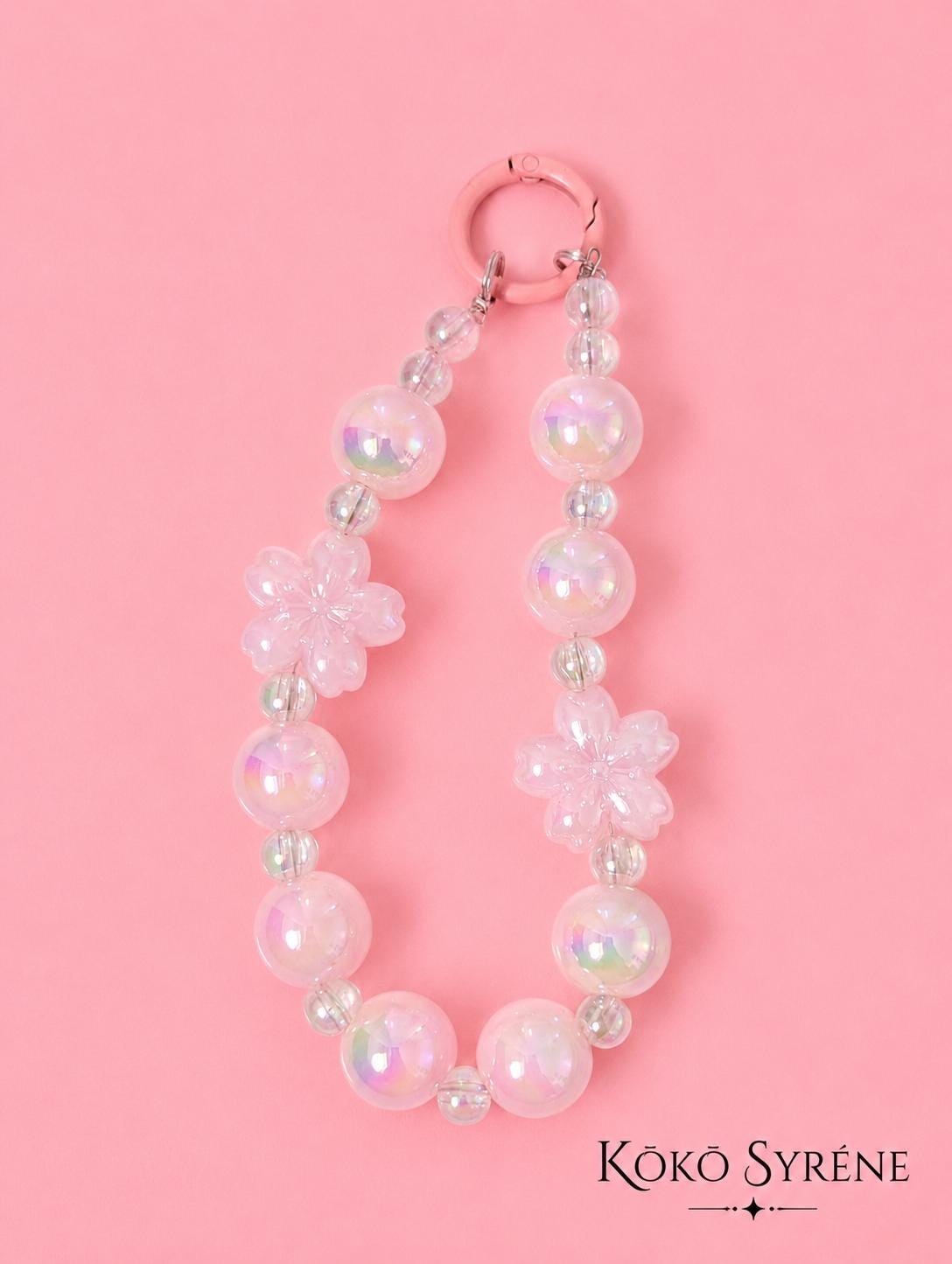 Pink Sakura Iridescent Beaded Charm Phone Strap Pastel Accessory and Wrist Strap