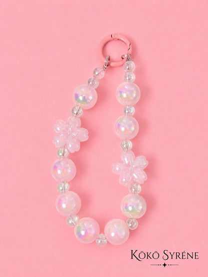Pink Sakura Iridescent Beaded Charm Phone Strap Pastel Accessory and Wrist Strap