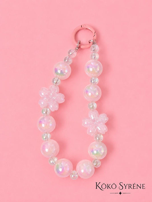 Pink Sakura Iridescent Beaded Charm Phone Strap Pastel Accessory and Wrist Strap