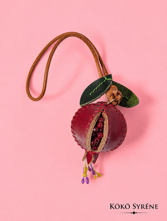 Red Pomegranate Leather Charm Whimsical Fruit Bag Accessory in Cottagecore Style