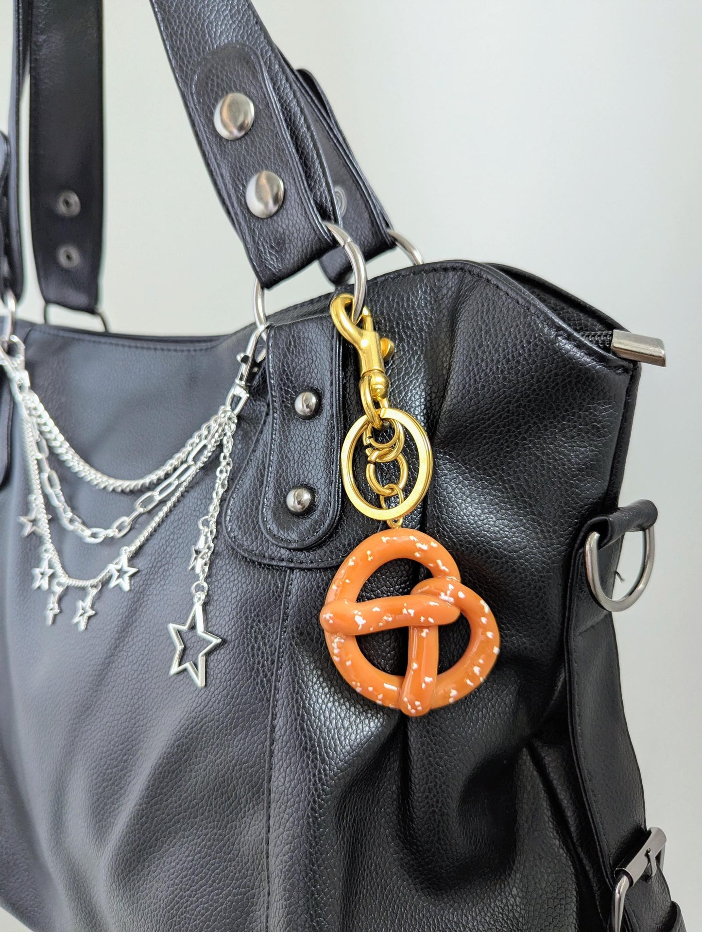 Glossy Pretzel Keychain and Bag Charm with Gold Keyring Y2K Accessory
