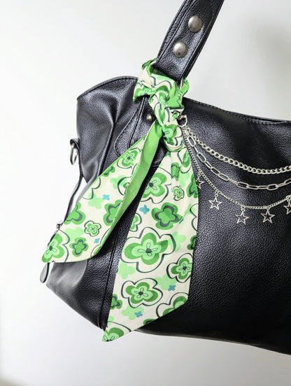 Green Retro Floral Scarf Y2K Coquette Hair Ribbon and Handbag Accessory