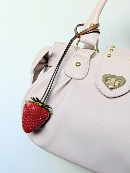 Glossy Red Strawberry Bag Charm Leather-Style Strap Y2K Keychain Accessory