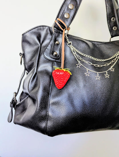 Glossy Red Strawberry Bag Charm Leather-Style Strap Y2K Keychain Accessory