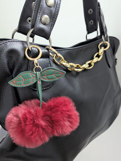 Fluffy Faux Fur Cherry Bag Charm Kawaii Y2K Purse Keychain Accessory