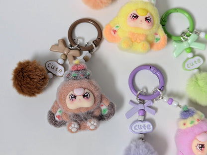 Doll Keychain and Bag Charm with Kawaii Pom Pom Accessory