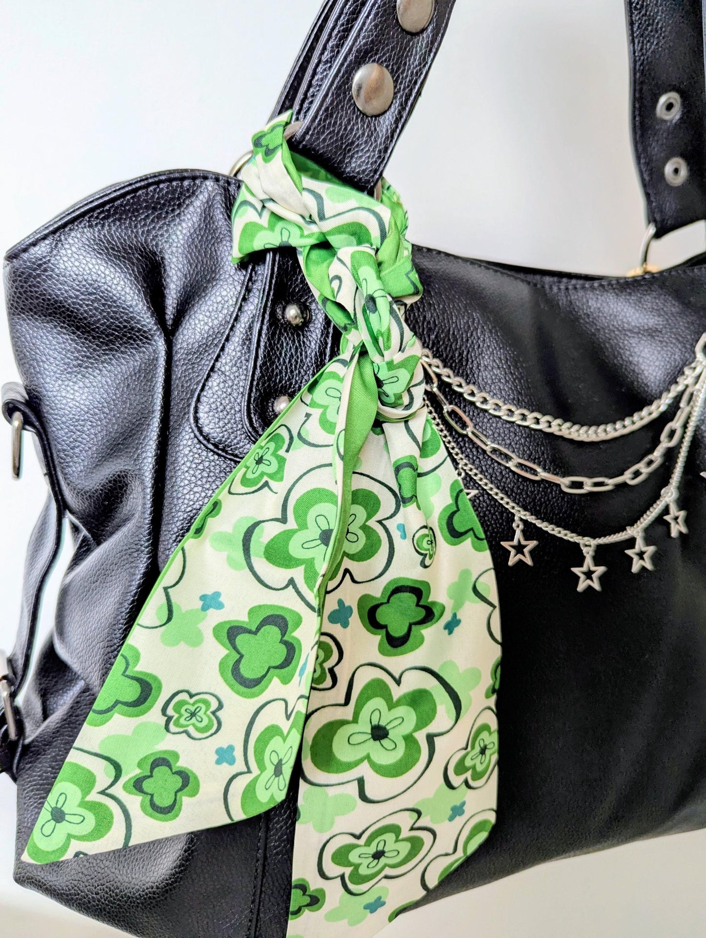 Green Retro Floral Scarf Y2K Coquette Hair Ribbon and Handbag Accessory