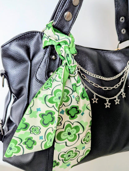 Green Retro Floral Scarf Y2K Coquette Hair Ribbon and Handbag Accessory