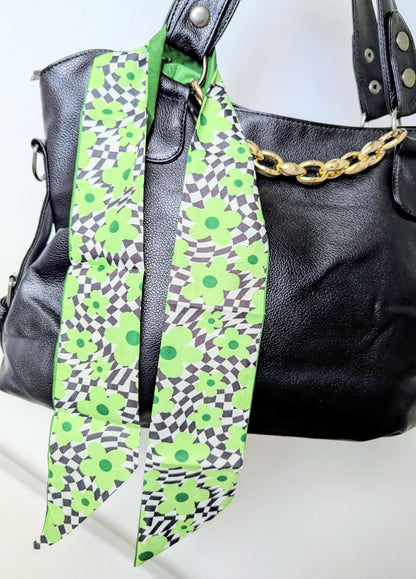 Green Floral Checkered Bag and Hair Scarf Retro Daisy Head Scarf and Bag Accessory