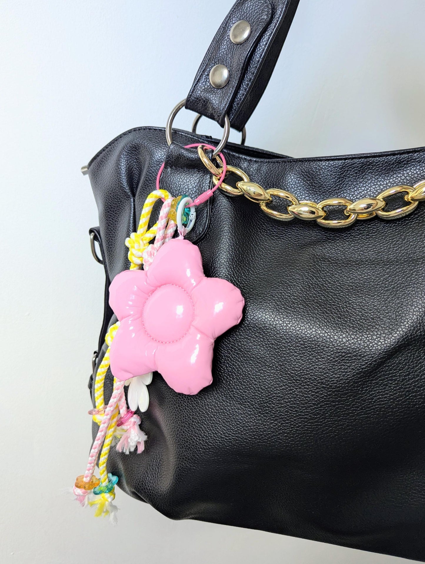 Pink Puffy Flower Bag Charm Smiley Daisy Keychain Rope Y2K Accessory