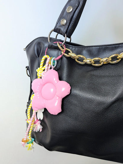 Pink Puffy Flower Bag Charm Smiley Daisy Keychain Rope Y2K Accessory
