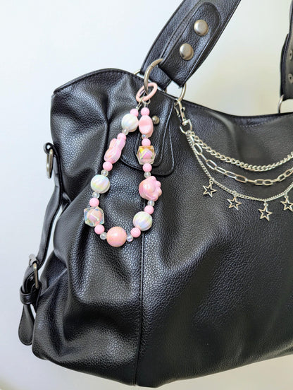 Pastel Pink Kawaii Beaded Phone Strap Charm with Bunny Paw Star Beads