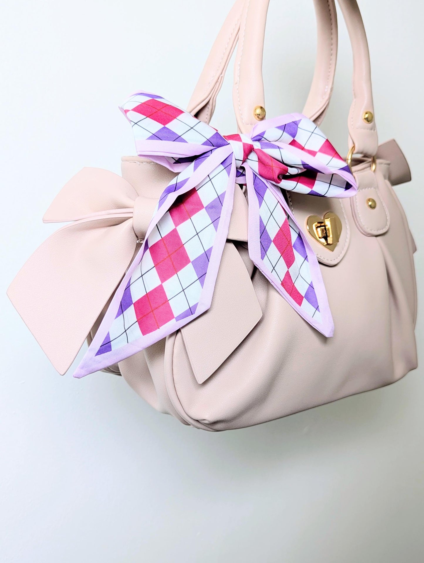 Pink & Purple Argyle Hair and Hair Scarf Y2K Coquette Scarf and Soft Girl Bag Accessory