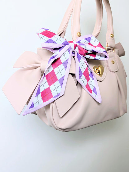 Pink & Purple Argyle Hair and Hair Scarf Y2K Coquette Scarf and Soft Girl Bag Accessory