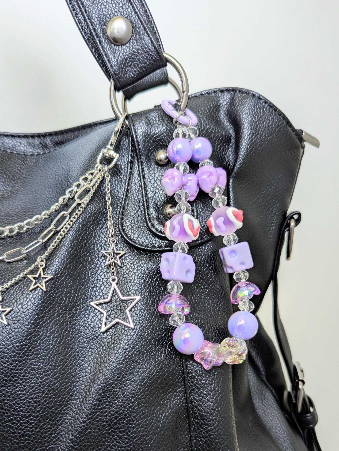 Purple Kawaii Beaded Phone Strap Charm Y2K Phone Keychain with Dice & Bow Accessory