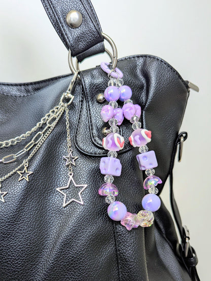 Purple Kawaii Beaded Phone Strap Charm Y2K Phone Keychain with Dice & Bow Accessory