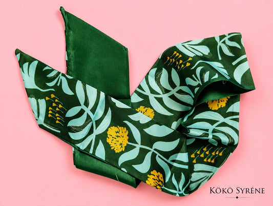 Dark Green Botanical Floral Bag Scarf and Vintage Inspired Hair Accessory