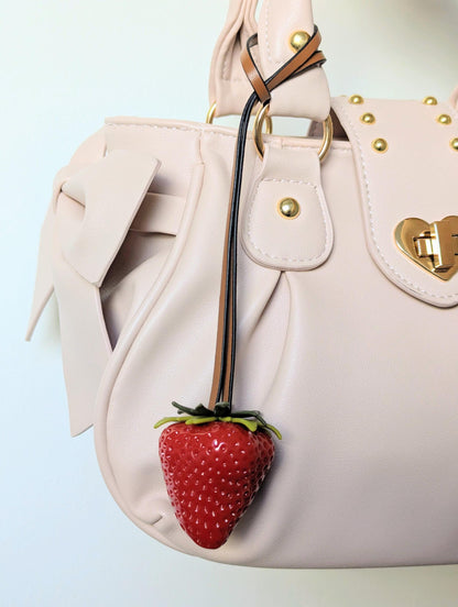 Glossy Red Strawberry Bag Charm Leather-Style Strap Y2K Keychain Accessory