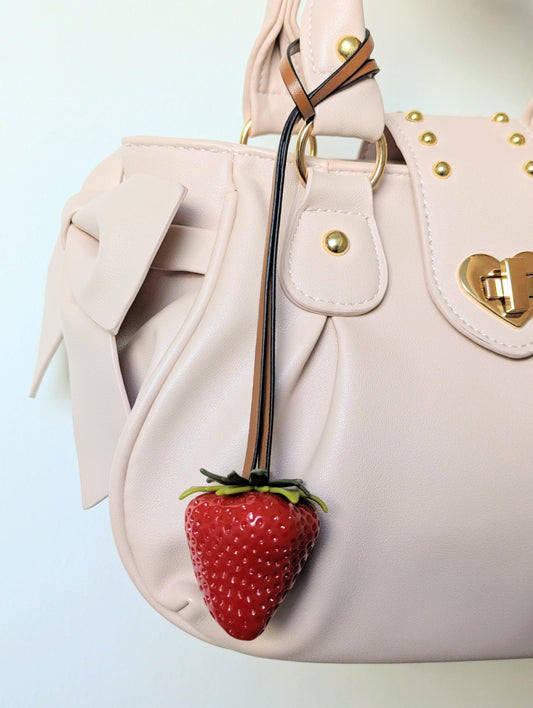 Glossy Red Strawberry Bag Charm Leather-Style Strap Y2K Keychain Accessory