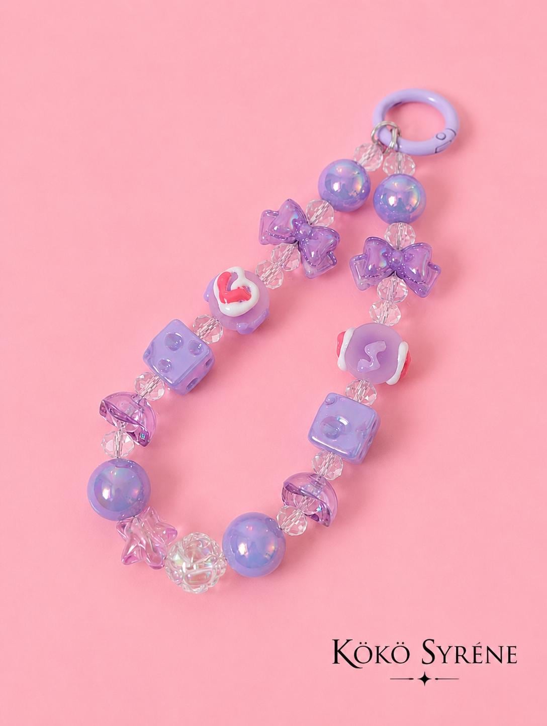Purple Kawaii Beaded Phone Strap Charm Y2K Phone Keychain with Dice & Bow Accessory