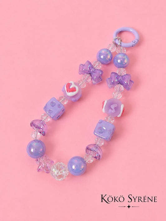 Purple Kawaii Beaded Phone Strap Charm Y2K Phone Keychain with Dice & Bow Accessory