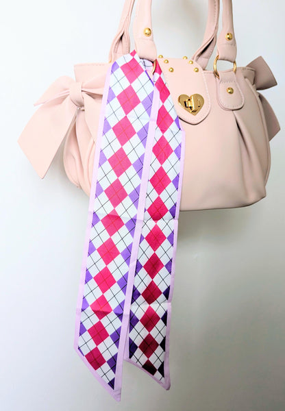 Pink & Purple Argyle Hair and Hair Scarf Y2K Coquette Scarf and Soft Girl Bag Accessory