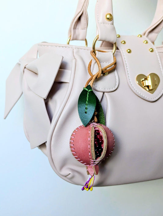 Pink Pomegranate Leather Bag Charm Whimsical Cottagecore Purse Accessory