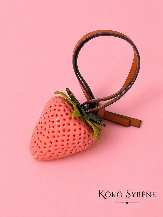 Pink Glossy Strawberry Bag Charm Leather-Style Strap Keychain Y2K Accessory