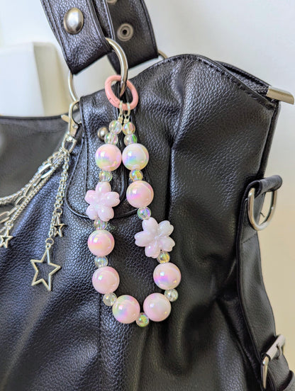 Pink Sakura Iridescent Beaded Charm Phone Strap Pastel Accessory and Wrist Strap