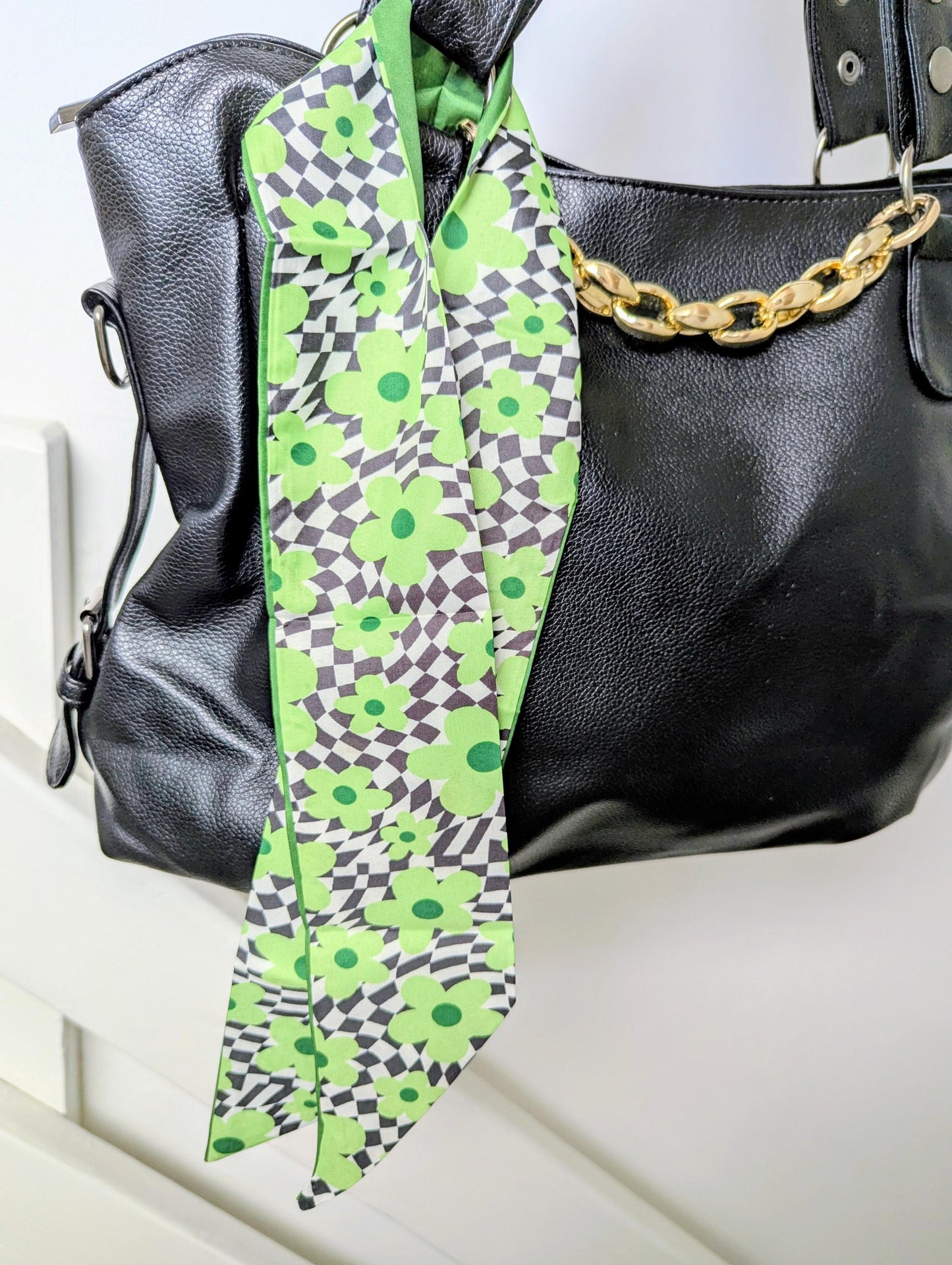 Green Floral Checkered Bag and Hair Scarf Retro Daisy Head Scarf and Bag Accessory