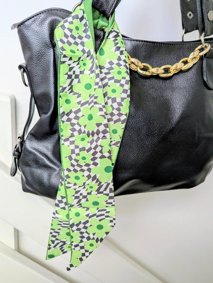 Green Floral Checkered Bag and Hair Scarf Retro Daisy Head Scarf and Bag Accessory