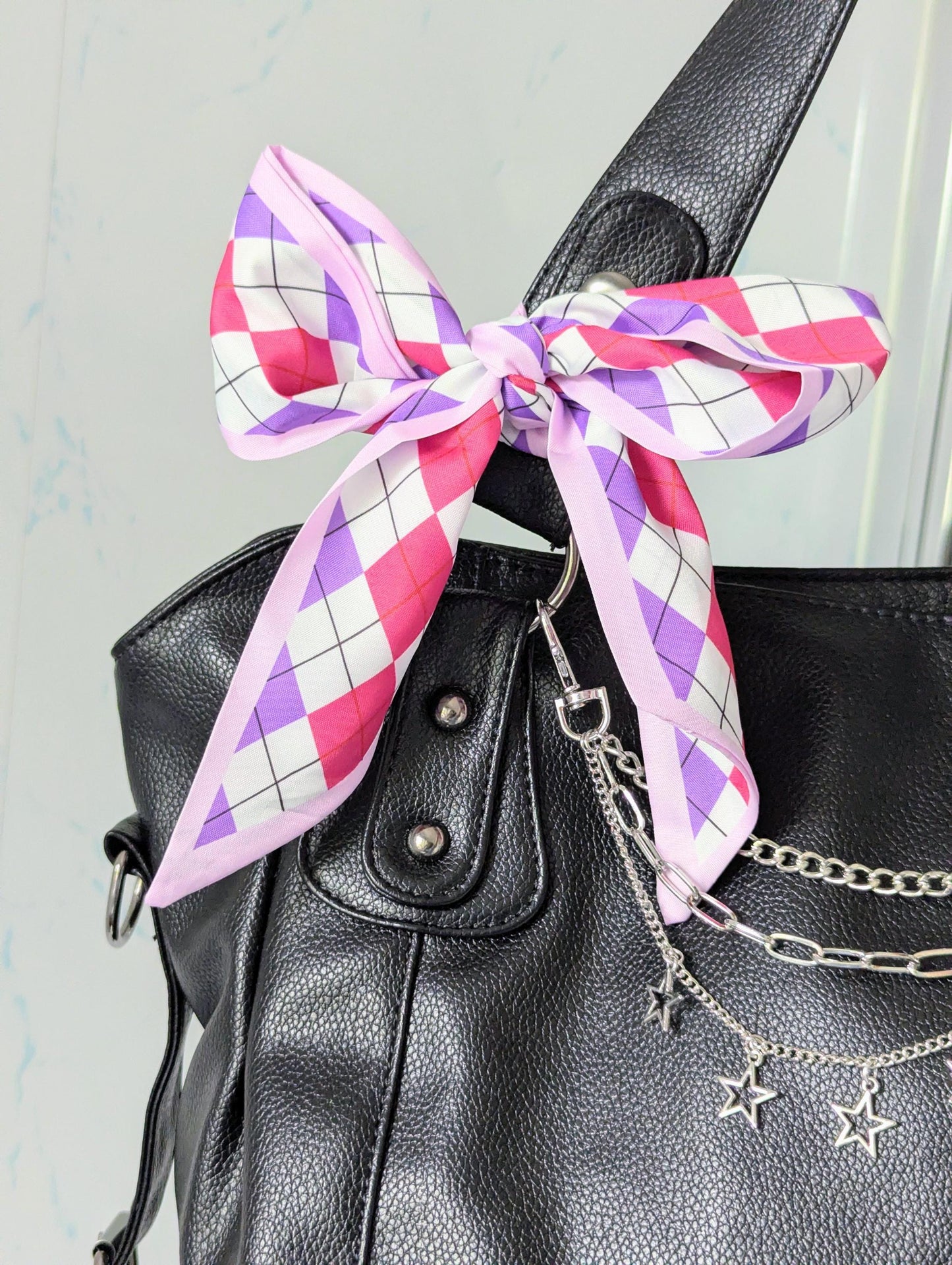 Pink & Purple Argyle Hair and Hair Scarf Y2K Coquette Scarf and Soft Girl Bag Accessory