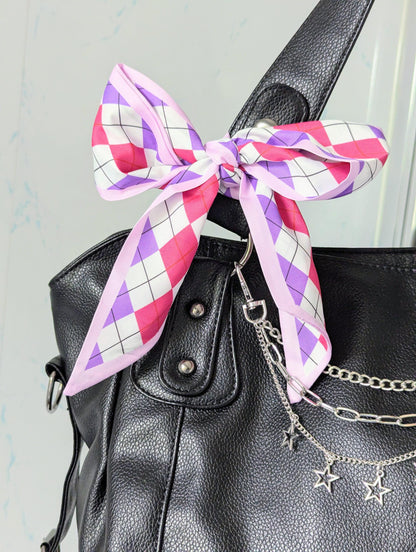 Pink & Purple Argyle Hair and Hair Scarf Y2K Coquette Scarf and Soft Girl Bag Accessory