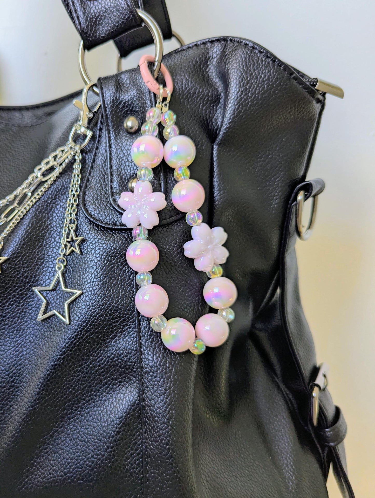 Pink Sakura Iridescent Beaded Charm Phone Strap Pastel Accessory and Wrist Strap