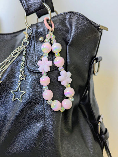 Pink Sakura Iridescent Beaded Charm Phone Strap Pastel Accessory and Wrist Strap