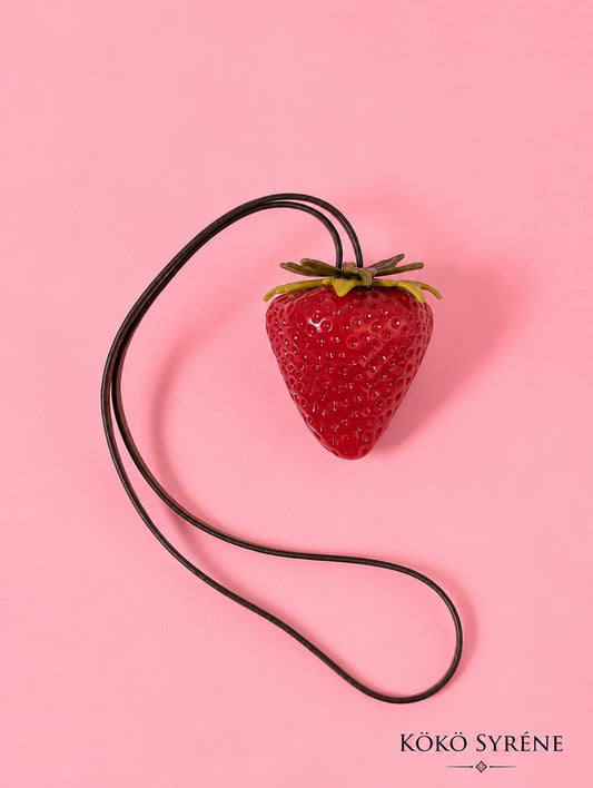 Glossy Red Strawberry Bag Charm Leather-Style Strap Y2K Keychain Accessory