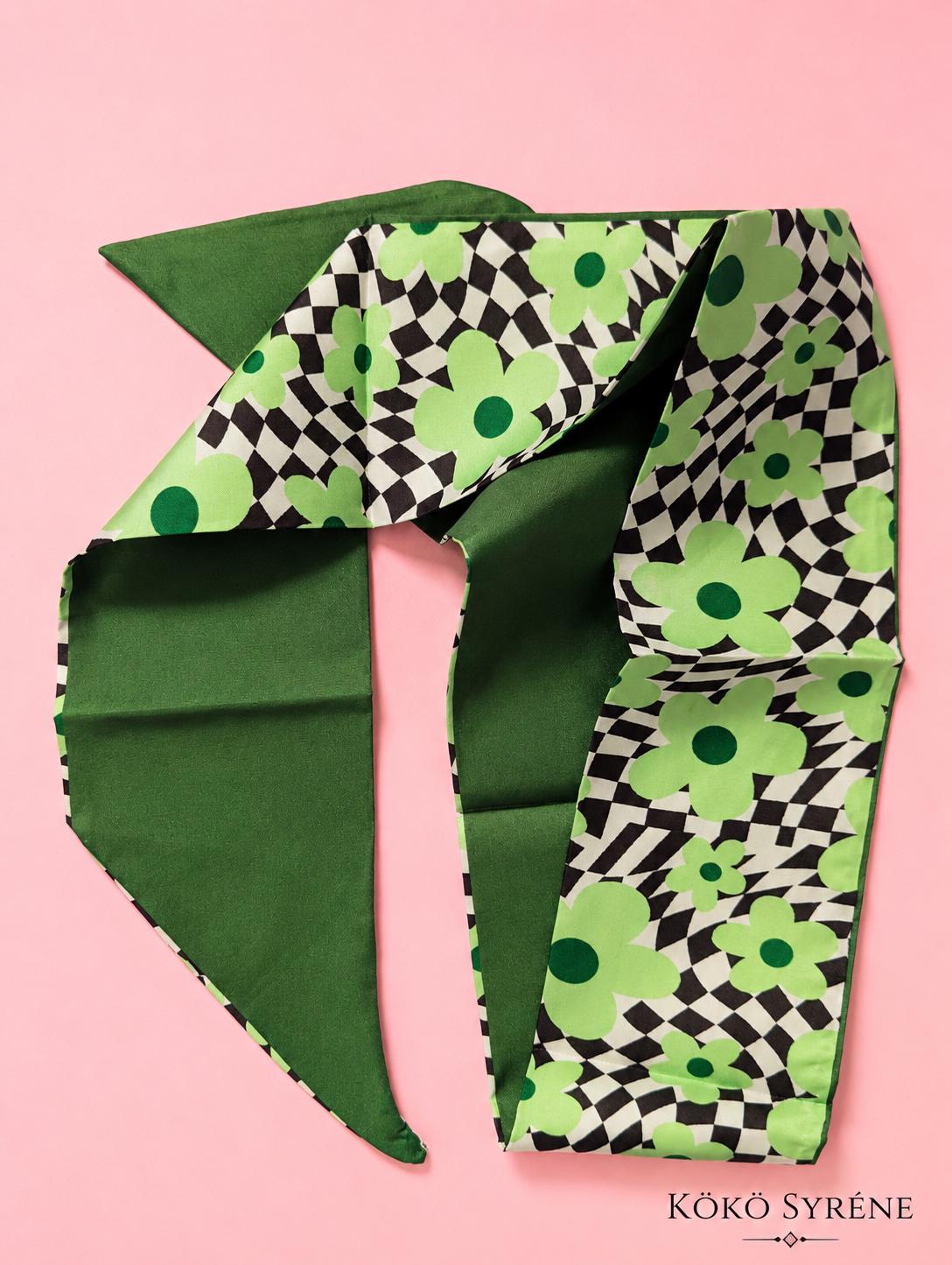 Green Floral Checkered Bag and Hair Scarf Retro Daisy Head Scarf and Bag Accessory