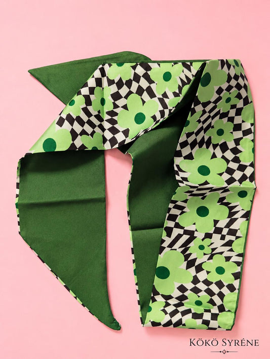 Green Floral Checkered Bag and Hair Scarf Retro Daisy Head Scarf and Bag Accessory