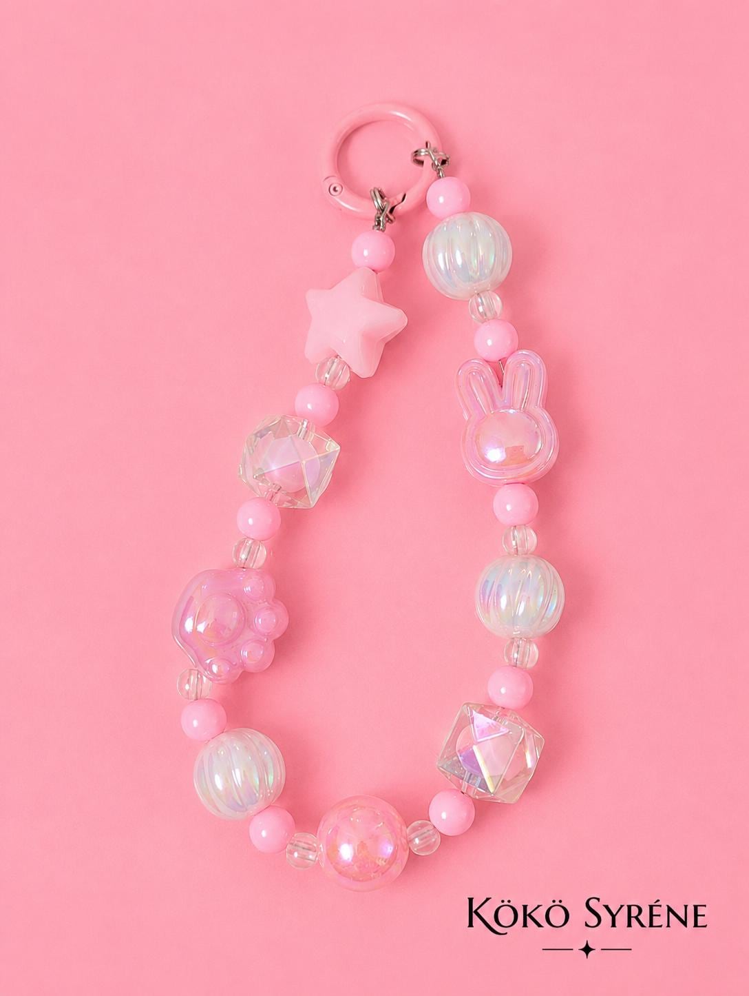 Pastel Pink Kawaii Beaded Phone Strap Charm with Bunny Paw Star Beads